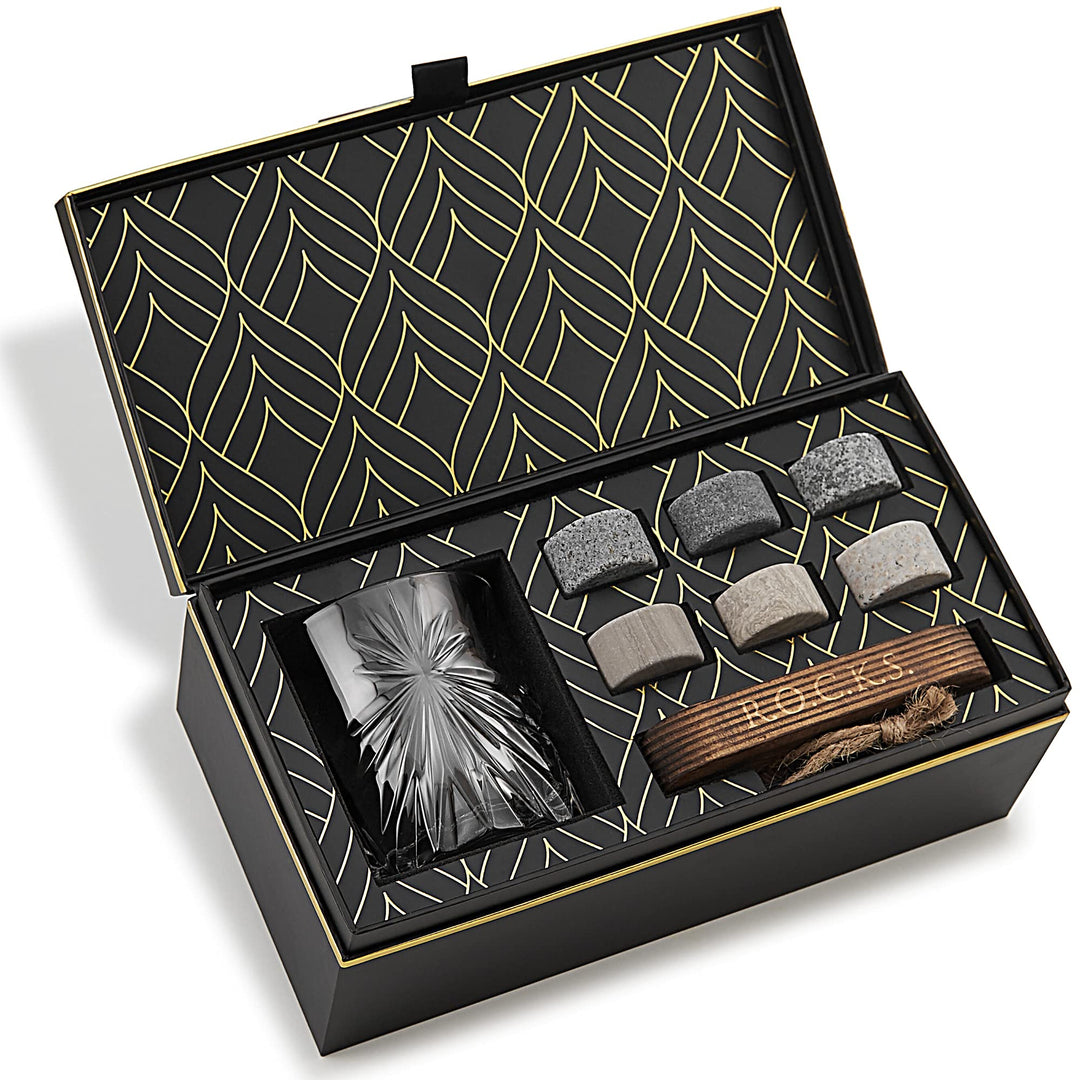 Whiskey Steine & Umweltfreundliches Kristall Whisky Glas Geschenkset - 6 Handgefertigte Runde Granit