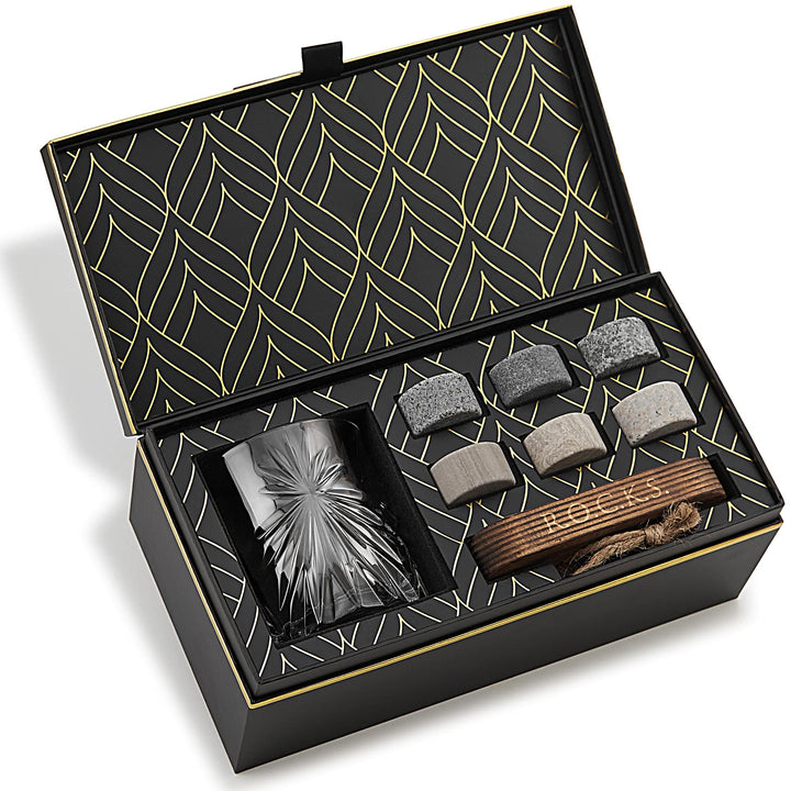 Whiskey Steine & Umweltfreundliches Kristall Whisky Glas Geschenkset - 6 Handgefertigte Runde Granit
