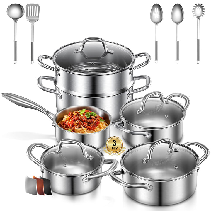 Topfset Induktion 15-Teilig, Kochtopf Set Unbeschichtet Mit Dünsteinsatz, Induktions Töpfe Set, Topf