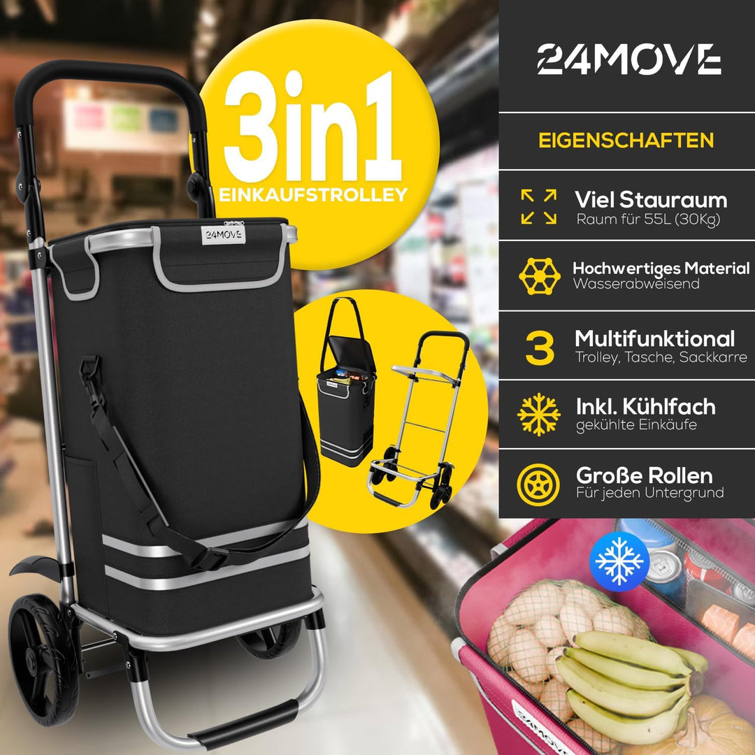 24MOVE® Einkaufstrolley Vehlo klappbar mit 55L inkl. Kühlfach, Faltbarer 3in1 Trolley - Sackkarre un