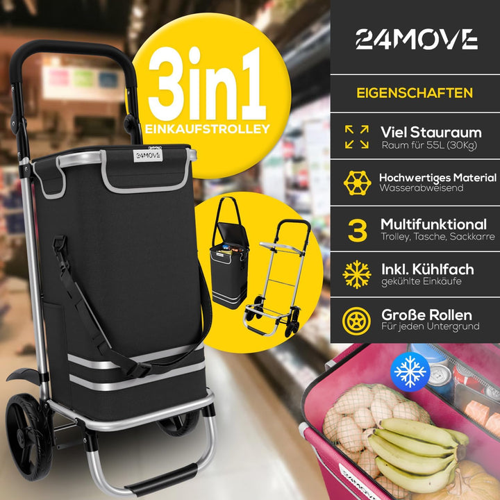 24MOVE® Einkaufstrolley Vehlo klappbar mit 55L inkl. Kühlfach, Faltbarer 3in1 Trolley - Sackkarre un