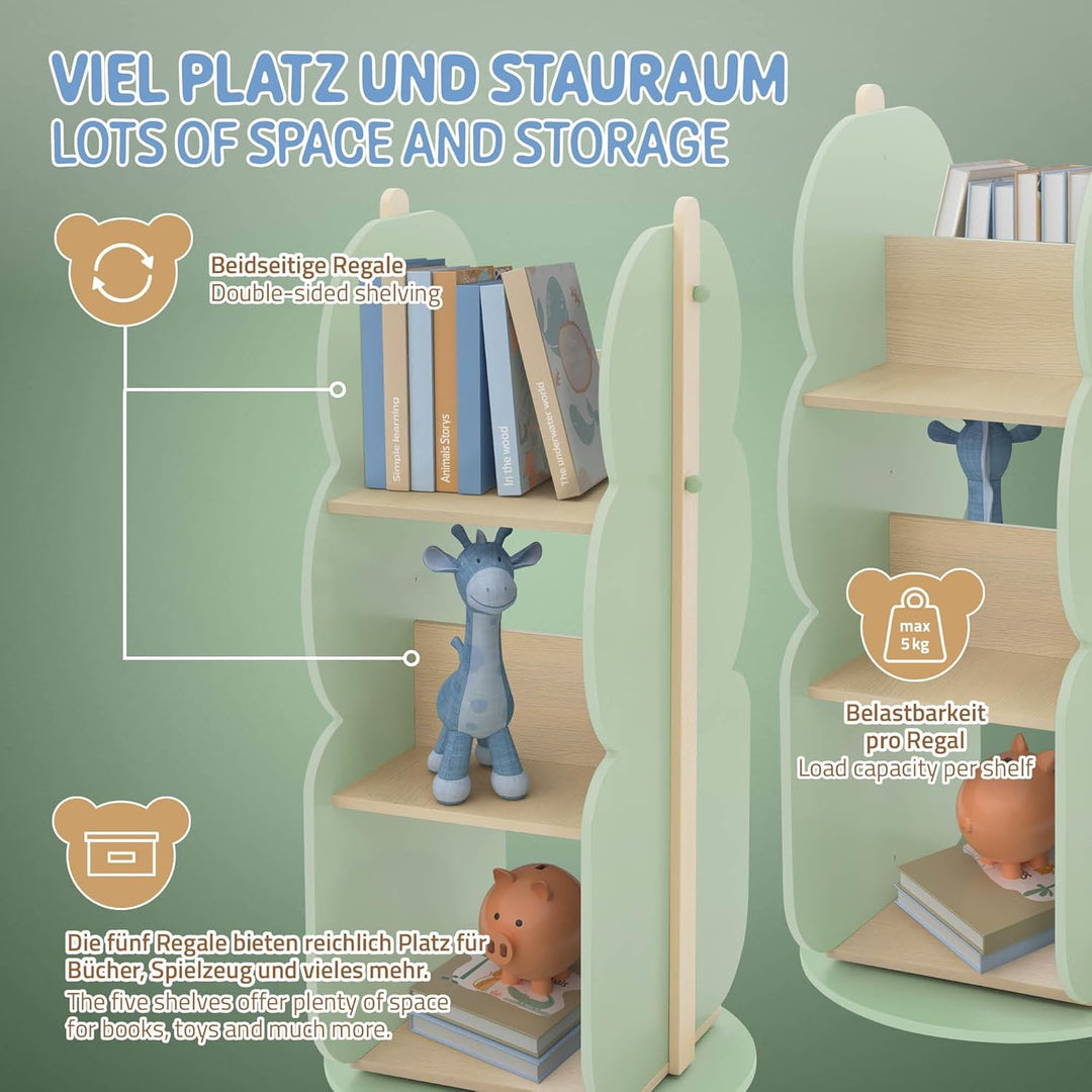 Joyz Bücherregal Kinder Baum-Form, Ø 48 x 96 cm, Grün-Natur, 2 Seitiges Kinderregal aus Holz mit 5 R