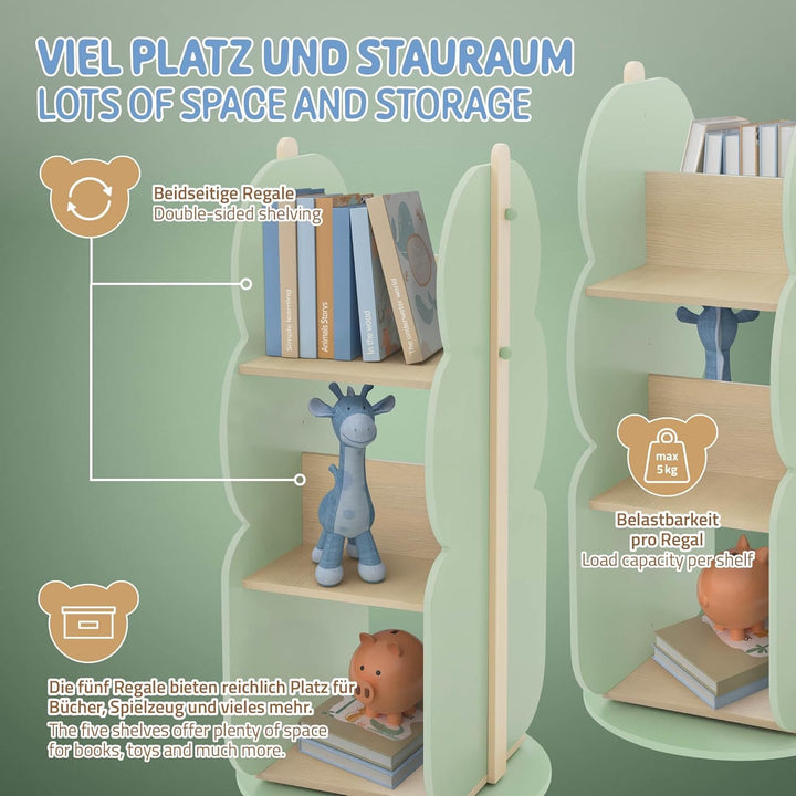 Joyz Bücherregal Kinder Baum-Form, Ø 48 x 96 cm, Grün-Natur, 2 Seitiges Kinderregal aus Holz mit 5 R