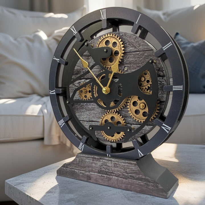 Tischuhr 25,4 cm mit echten beweglichen Zahnrädern umwandelbar in Wanduhr (Carbongrau)
