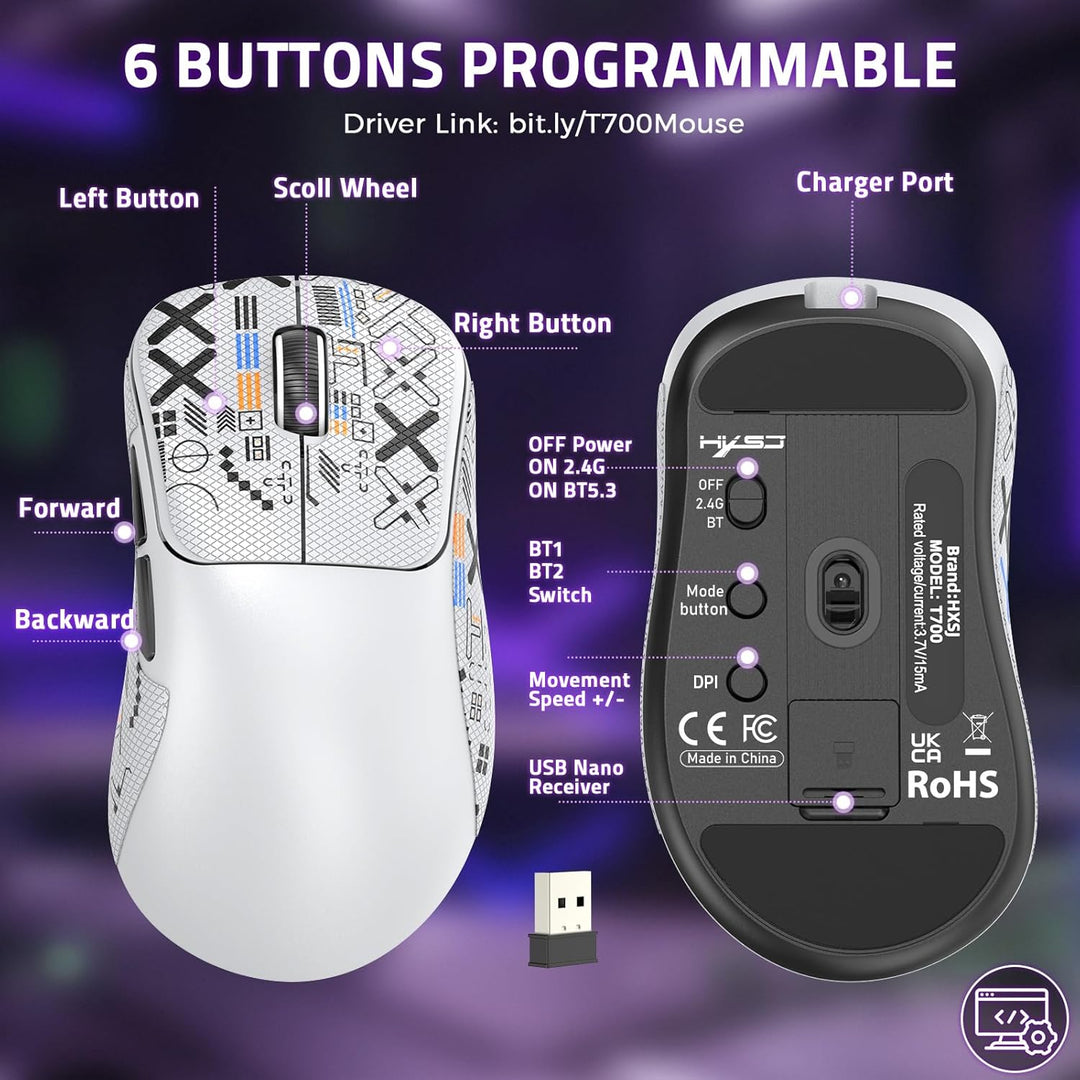 LexonElec HXSJ T700 Ultra-Light Wireless Gaming Mouse, Ergonomischer Formfaktor für Rechtshänder, BT