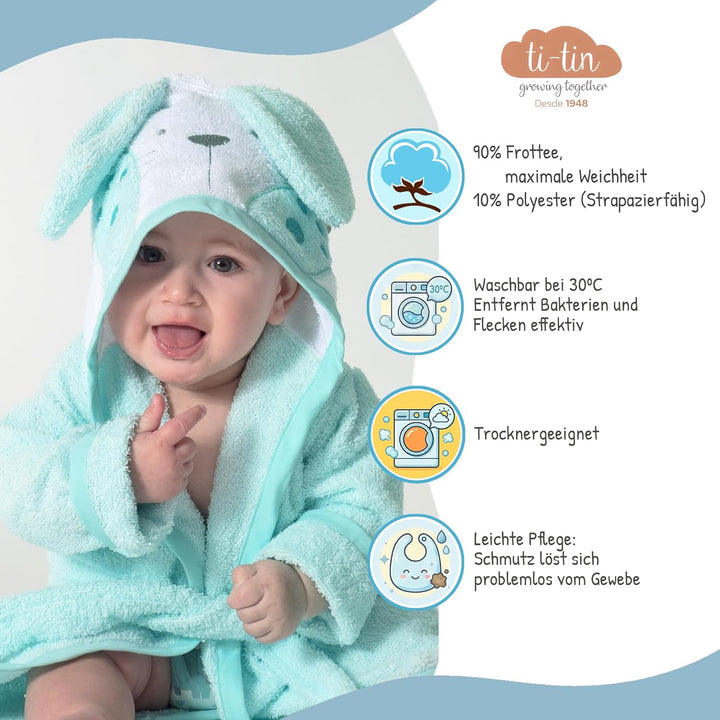 Ti TIN Kinder‑Bademantel mit Kapuze und Hasenohren – 100% Baumwolle, weich & saugfähi, Grösse 6–12 M