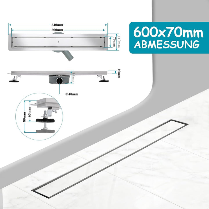 Duschrinne 60cm 304 Edelstahl Bodenablauf - 360° Siphon Befliesbar Duschablauf Extra Flach mit Geruc