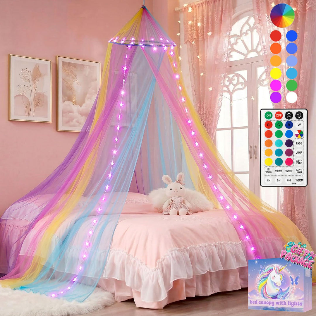 Regenbogen Betthimmel Mädchen mit Lichtern, 24 Farben Himmelbett Vorhänge LED-Stern Fee Lichter Prin