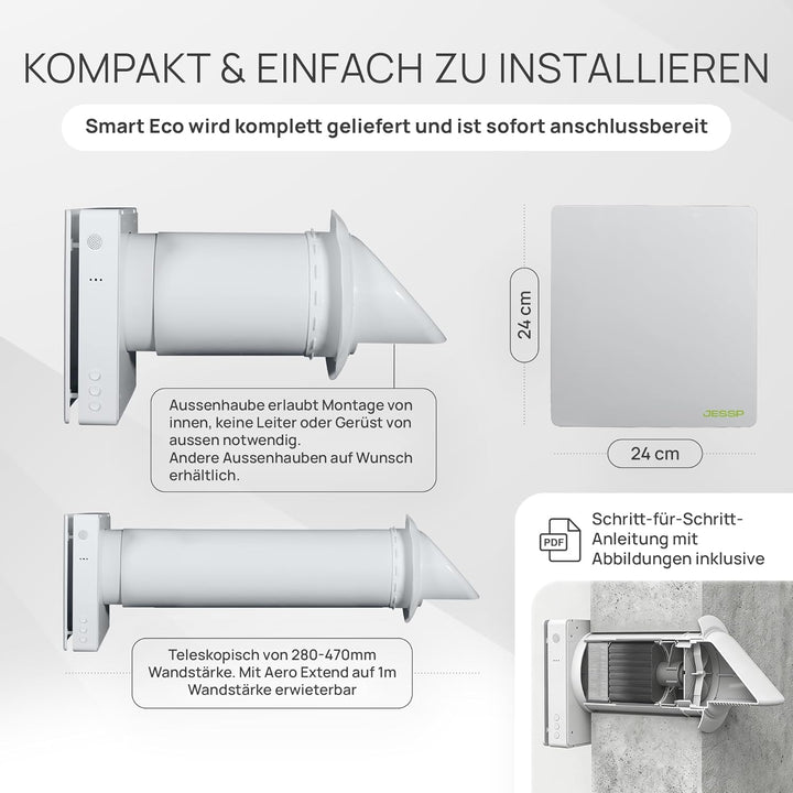 Eco Smart DZ Wohnraumlüftung – Luftfeuchte-gesteuert, 97% Wärmerückgewinnung, WLAN, F7-Filter, Ø160m