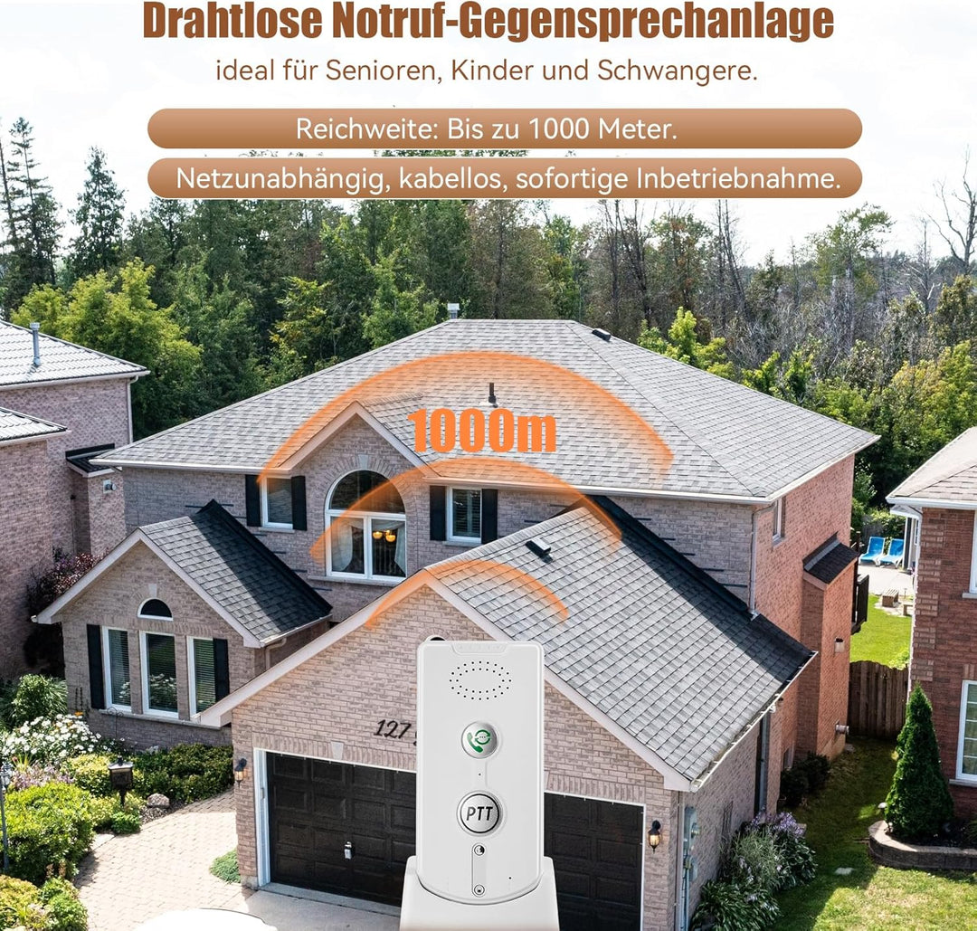2 Wege Gegensprechanlagen 1000M, Smart Voice Intercom mit 38 Klingeltöne, Kabellose Notruf-Gegenspre