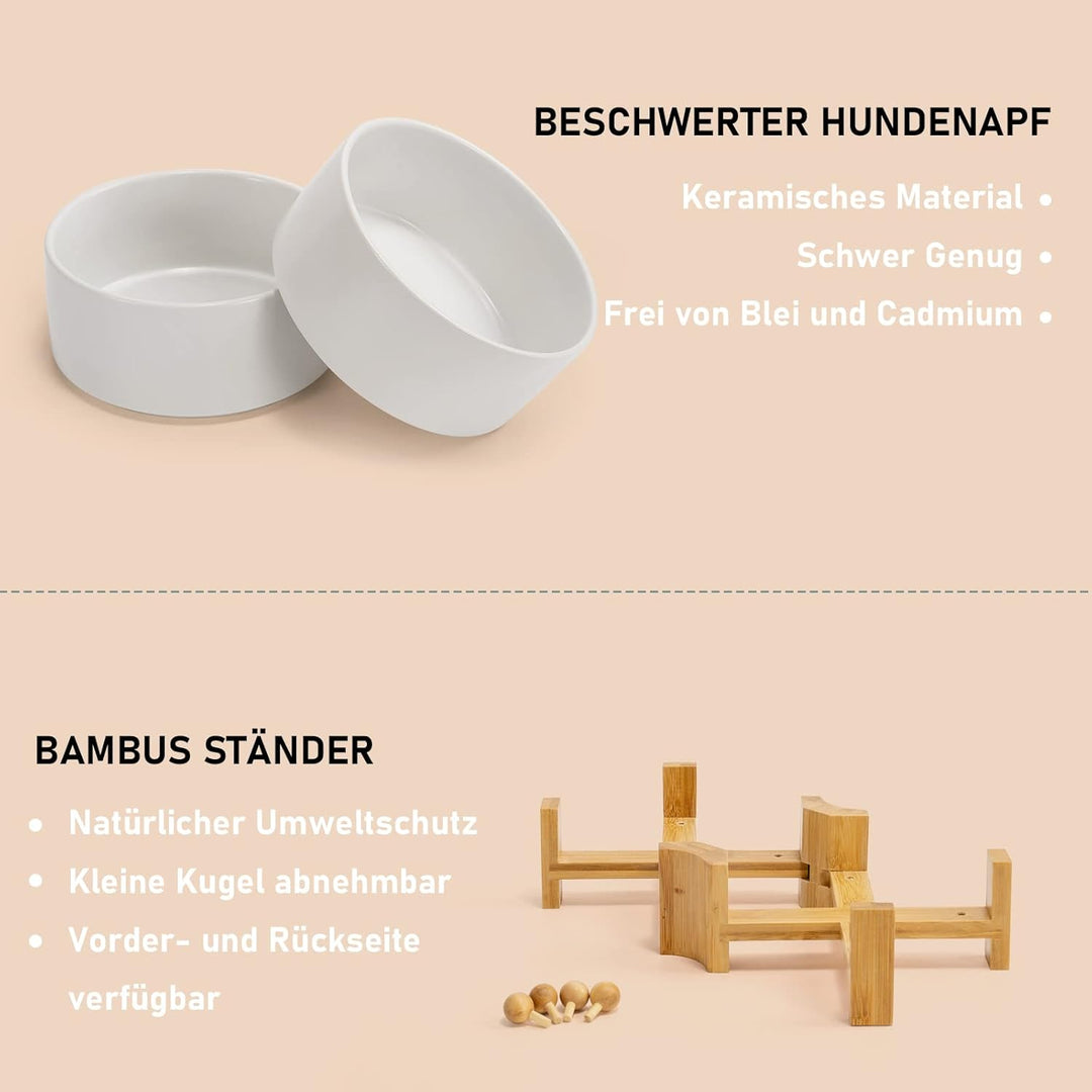 SPUNKYJUNKY Kippbarer Hundenapf Keramik Doppel Hund Futternapf mit Bambus Ständer 0° und 15° Neigung