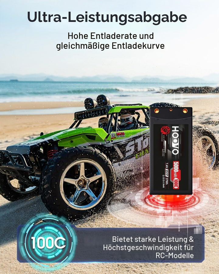 HOOVO RC Batterie 7,4V 5000mAh 100C 2S Lipo Akkus HardCase mit 4.0 mm Banana to Deans Plug für RC Au