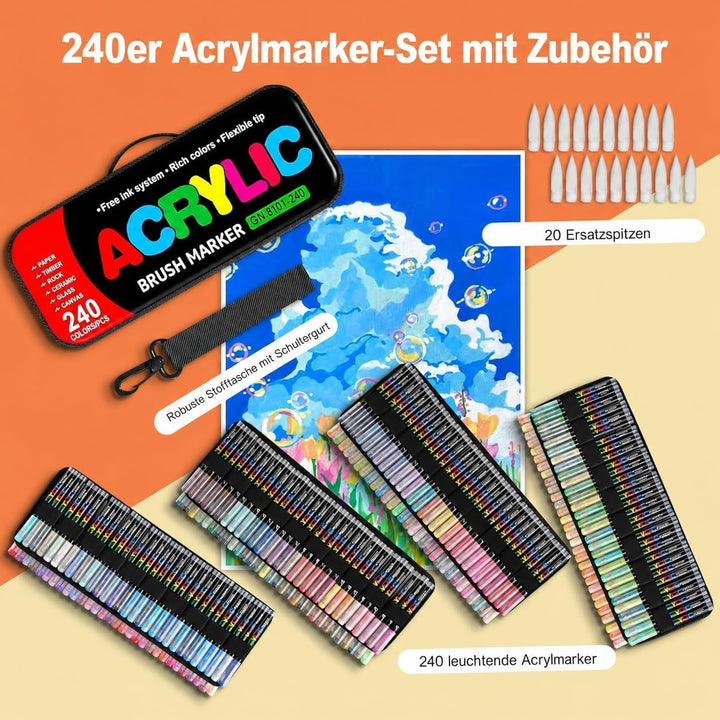 Laconile 240 Farben Acrylstifte Set – Acrylmarker mit Direct Liquid Design, CD-Tasche zum einfachen