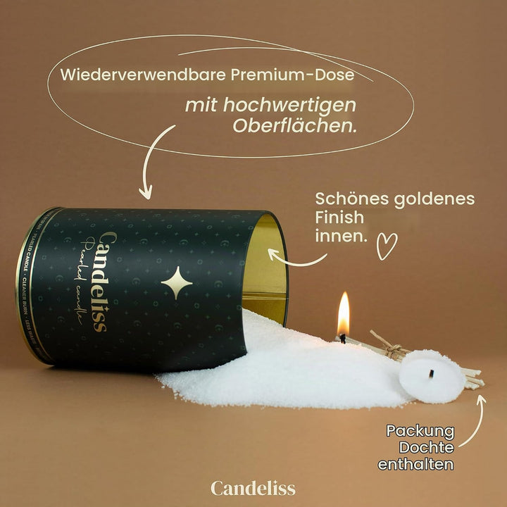 CANDELISS Kerzensand mit Docht Set in luxuriöser Metalldose. Kerzen sand perlenkerzen Pearled candle