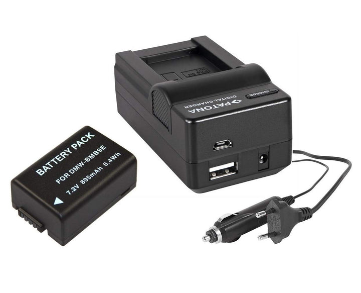 2in1-SET für die Panasonic Lumix DC FZ82 - Akku für Panasonic DMW-BMB9 + 4in1 Ladegerät (für USB, mi