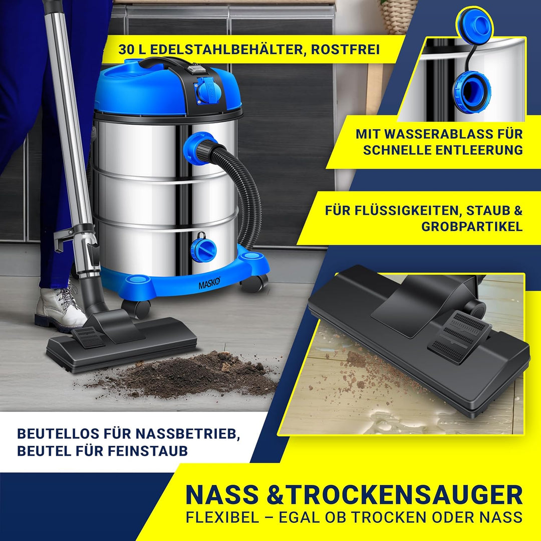 MASKO® Industriestaubsauger Staubsauger Nass Trocken Sauger Edelstahl 2300W + Steckdose | Blasfunkti