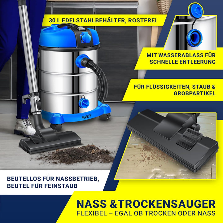MASKO® Industriestaubsauger Staubsauger Nass Trocken Sauger Edelstahl 2300W + Steckdose | Blasfunkti