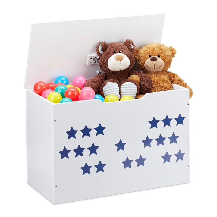 Relaxdays, weiss/blau Spielzeugtruhe mit Deckel, Aufbewahrung für Kinder, Stern Design, Spielzeugkis