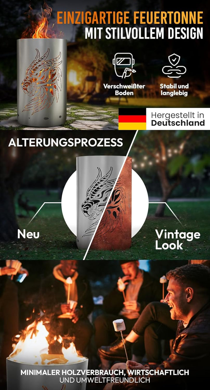 TiKo-Design Feuertonne - Lagerfeuertonne - Feuerkorb mit Drachen Motiv – Verleihen Sie Ihrem Garten