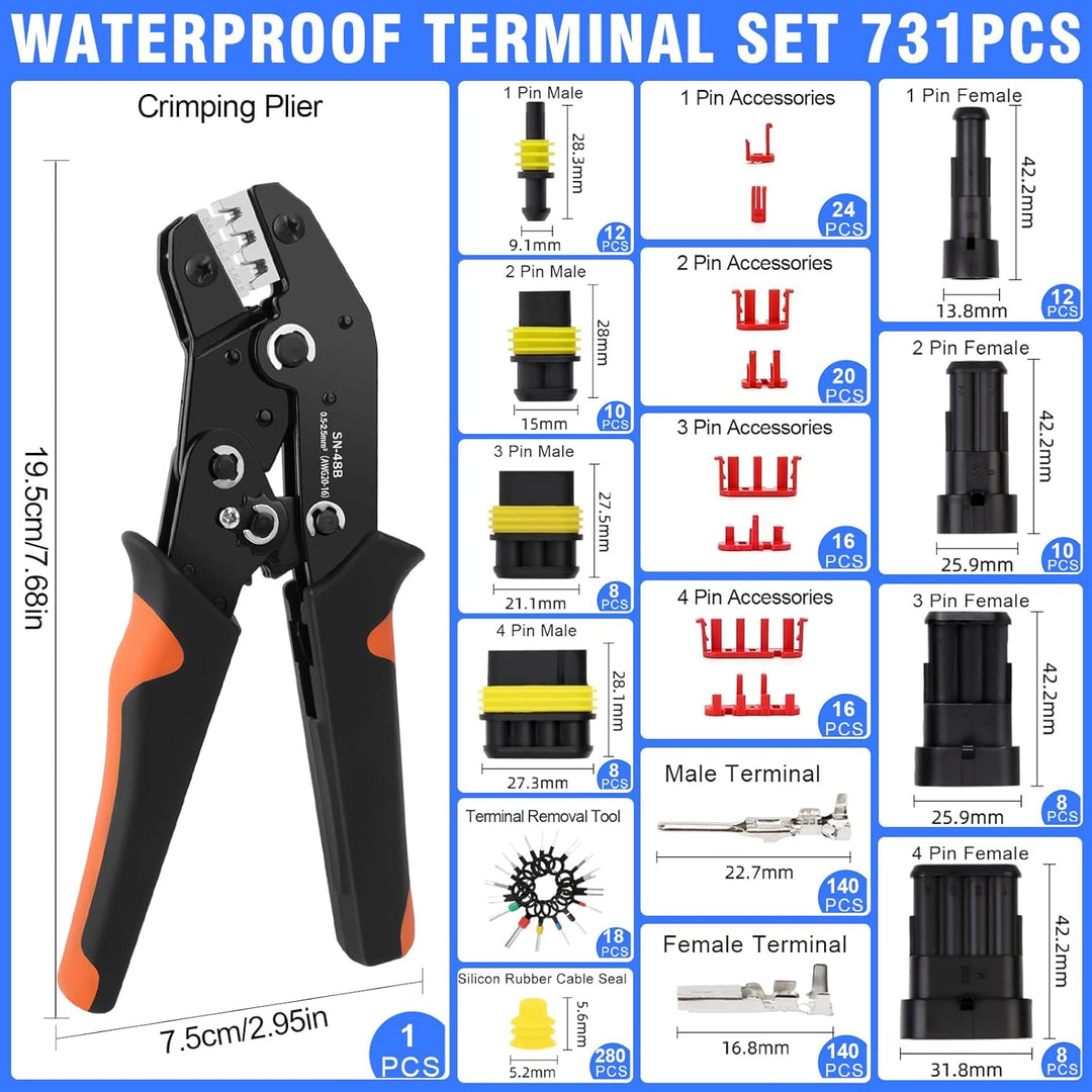 731 Stück Crimpzange Wasserdicht Kfz Stecker Set, Crimpzange(0.5-2.5mm²), mit 1/2/3/4 Pin Kabelsteck