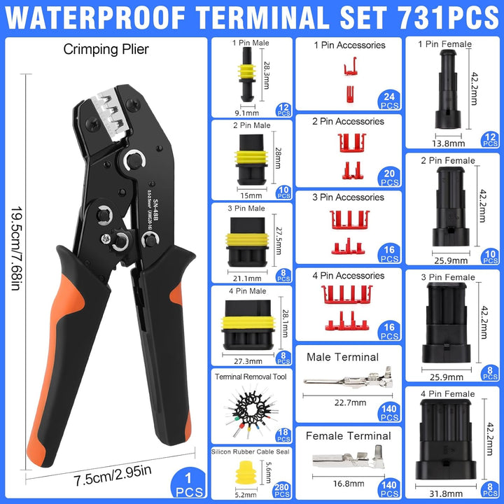 731 Stück Crimpzange Wasserdicht Kfz Stecker Set, Crimpzange(0.5-2.5mm²), mit 1/2/3/4 Pin Kabelsteck
