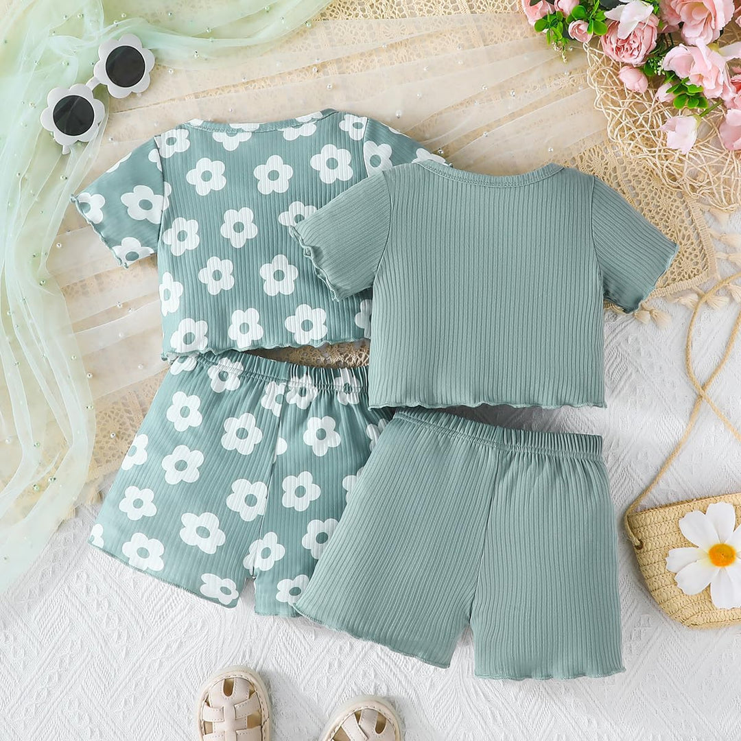 Kleinkind Baby Mädchen kleidung Set Rüschen Gerippte Kurzarm/Langarm T-Shirt Tops + Shorts Hosen 4Pc