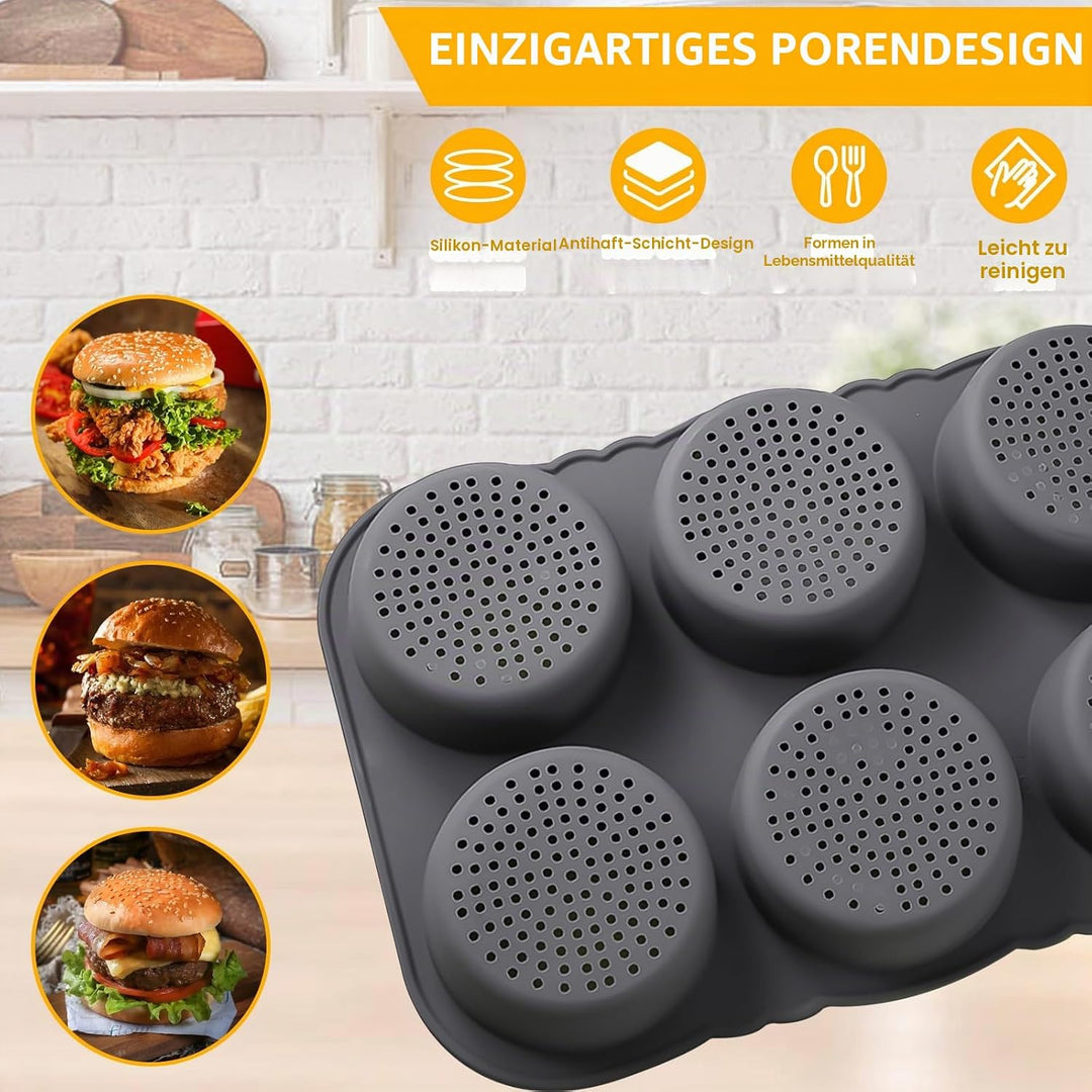 Burger Buns Backform, Brötchenbackformen Rund 10cm Ø Silikon Perforierte mit 6 Hohlräumen Brötchen B