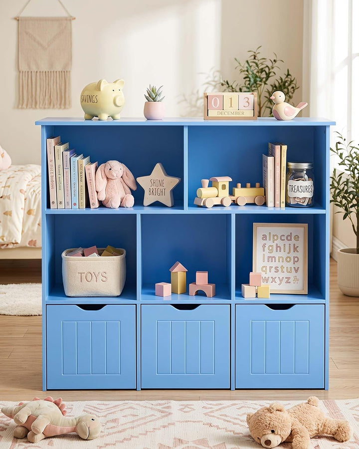 Kinder Bücherregal Blau – 3 Schubladen mit Rollen, 5 Fächer, Standregal mit Aufbewahrung, Kleidersch