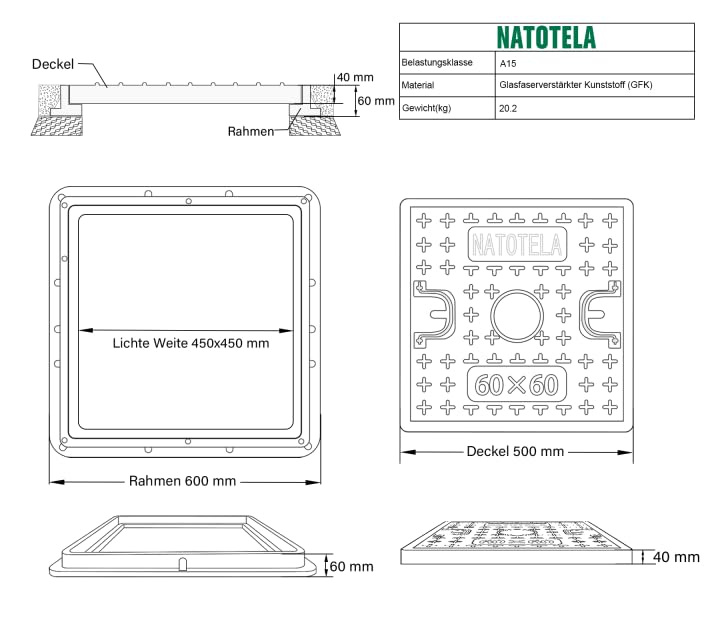 GFK-Schachtabdeckung mit Rahmen 600x600 mm/Deckel: 500x500 mm/Lichte Weite: 440x440 mm Revisionsscha