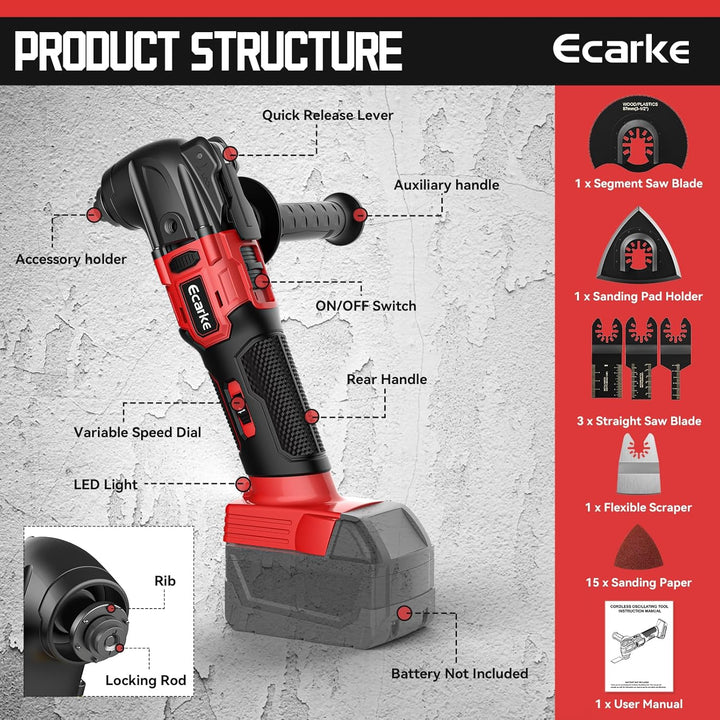 Ecarke Akku-Multifunktionswerkzeug kompatibel mit Milwaukee Akku 18V Li-Ion,Multitool 6 Einstellbare
