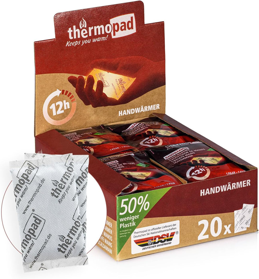 THERMOPAD Handwärmer – DAS ORIGINAL: 20 Paar Wärmepads für 12 Stunden Wärme I 50% weniger Plastik I