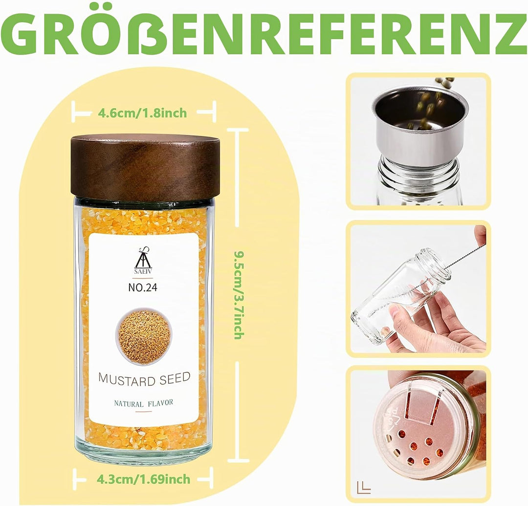SAEIV 24-tlg. Gewürzgläser Set mit Akazienholzdeckeln, Rund &amp; Luftigdicht, Inkl. Etiketten, Trichter