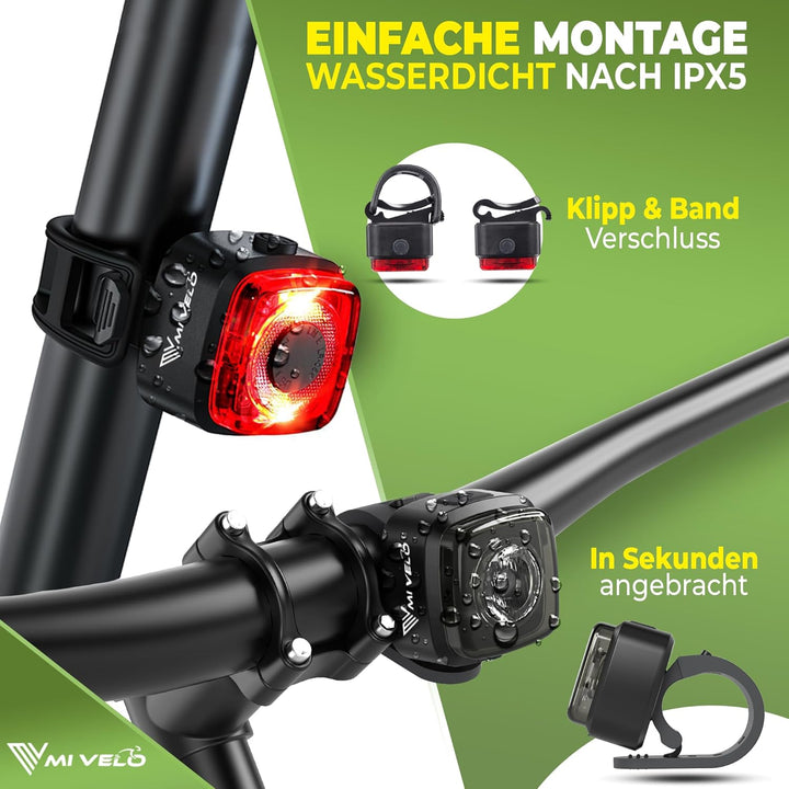 MIVELO Fahrradlicht Set StVZO zugelassen Fahrradbeleuchtung - USB-aufladbar &amp; 100% wasserdicht LED F