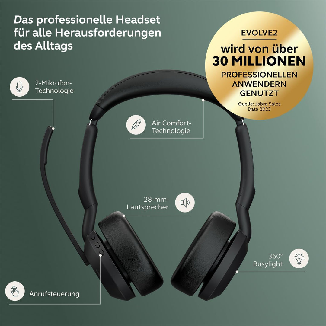 Jabra Evolve2 55 - schnurloses Stereo-Headset mit Ladestation und Jabra Air Comfort - Mikrofone mit