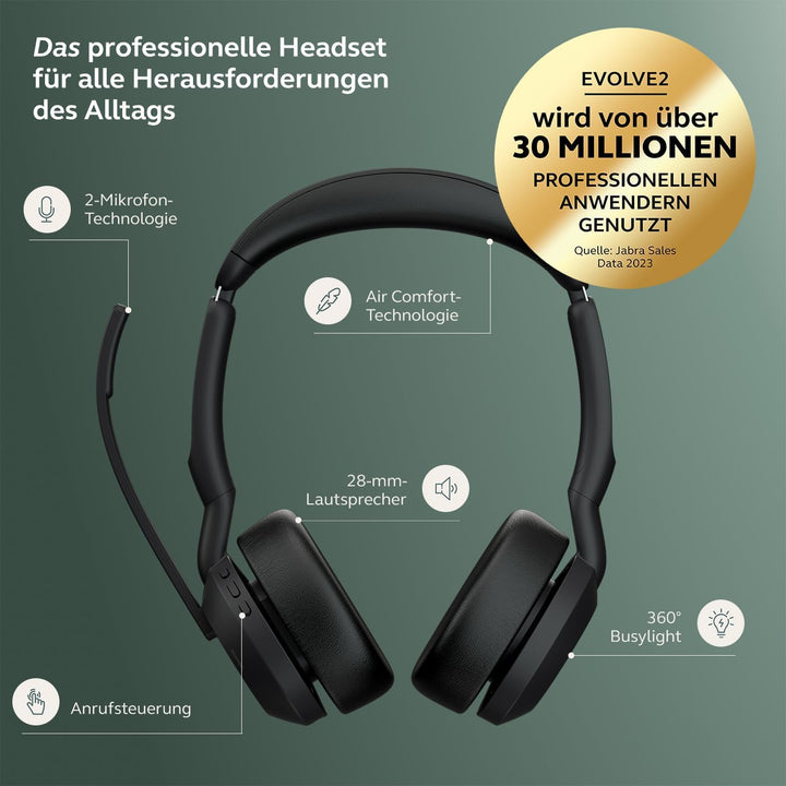 Jabra Evolve2 55 - schnurloses Stereo-Headset mit Ladestation und Jabra Air Comfort - Mikrofone mit