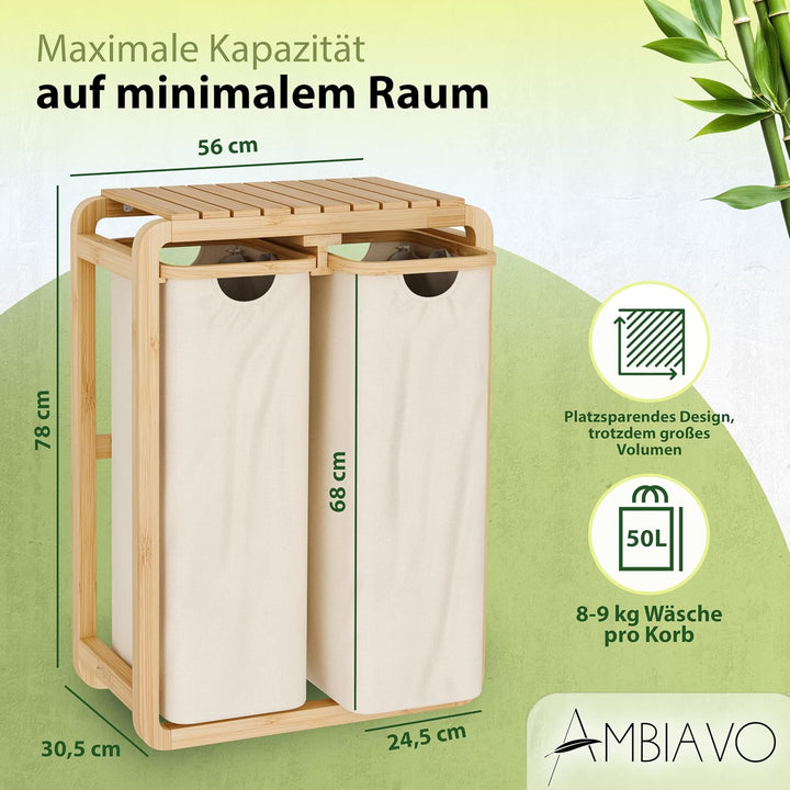 Wäschekorb 2 Fächer beige, schmal & 100 L Bambus · Wäschesammler mit Ablage · 50 L pro Fach · heraus