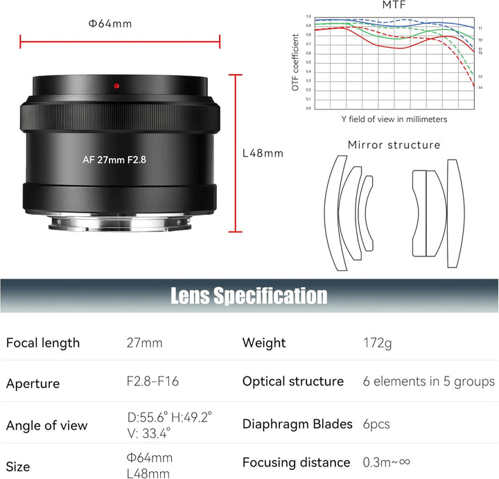 7artisans AutoFocus 27mm F2.8 APS-C Rahmenobjektiv,F2.8 Grosse Blende,Unterstützt Automatische/Manue