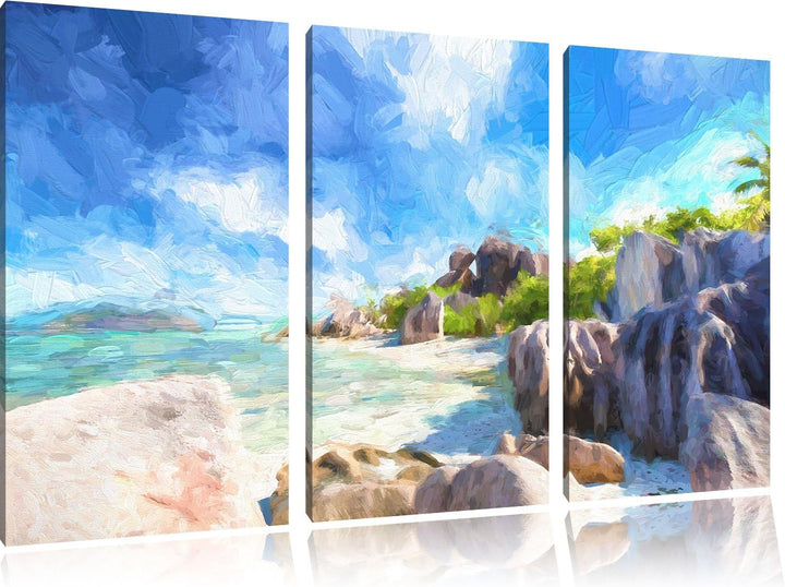 Pixxprint Seychellen Strand Kunst als Leinwandbild/Grösse: 3 Teilig (120x80) cm/Wandbild/Kunstdruck/