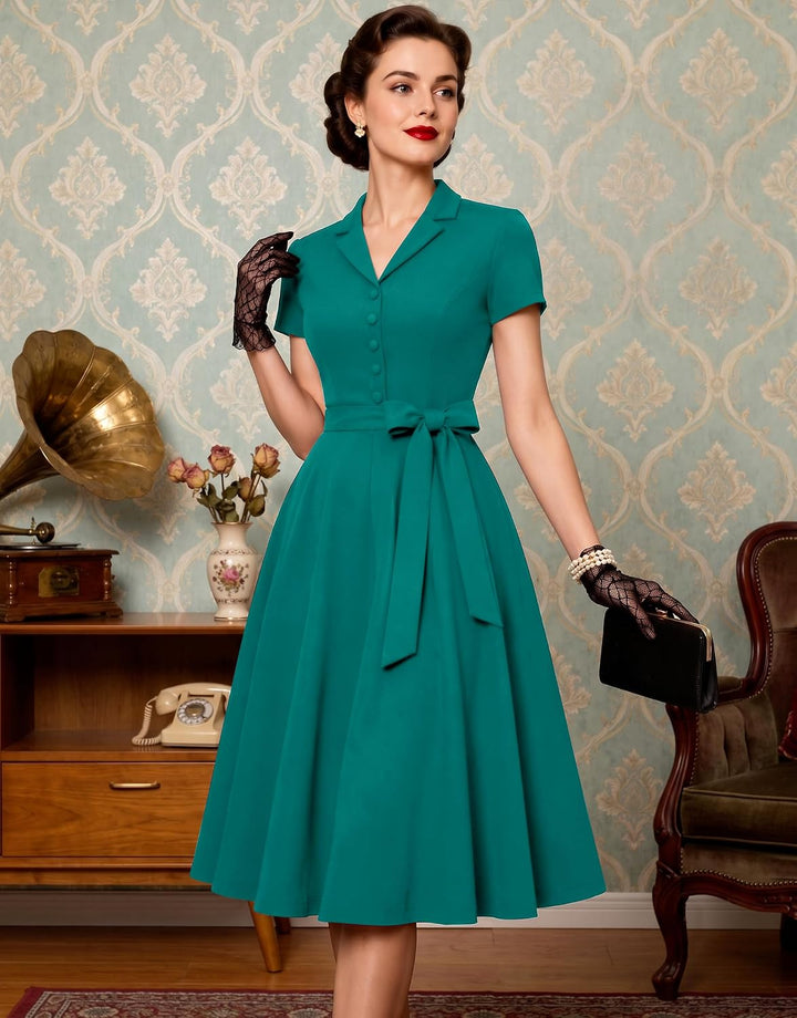 Wedtrend Vintage Cocktailkleid Damen A Linie Midilang V-Ausschnitt Abendkleid Elegant Freizeitkleide