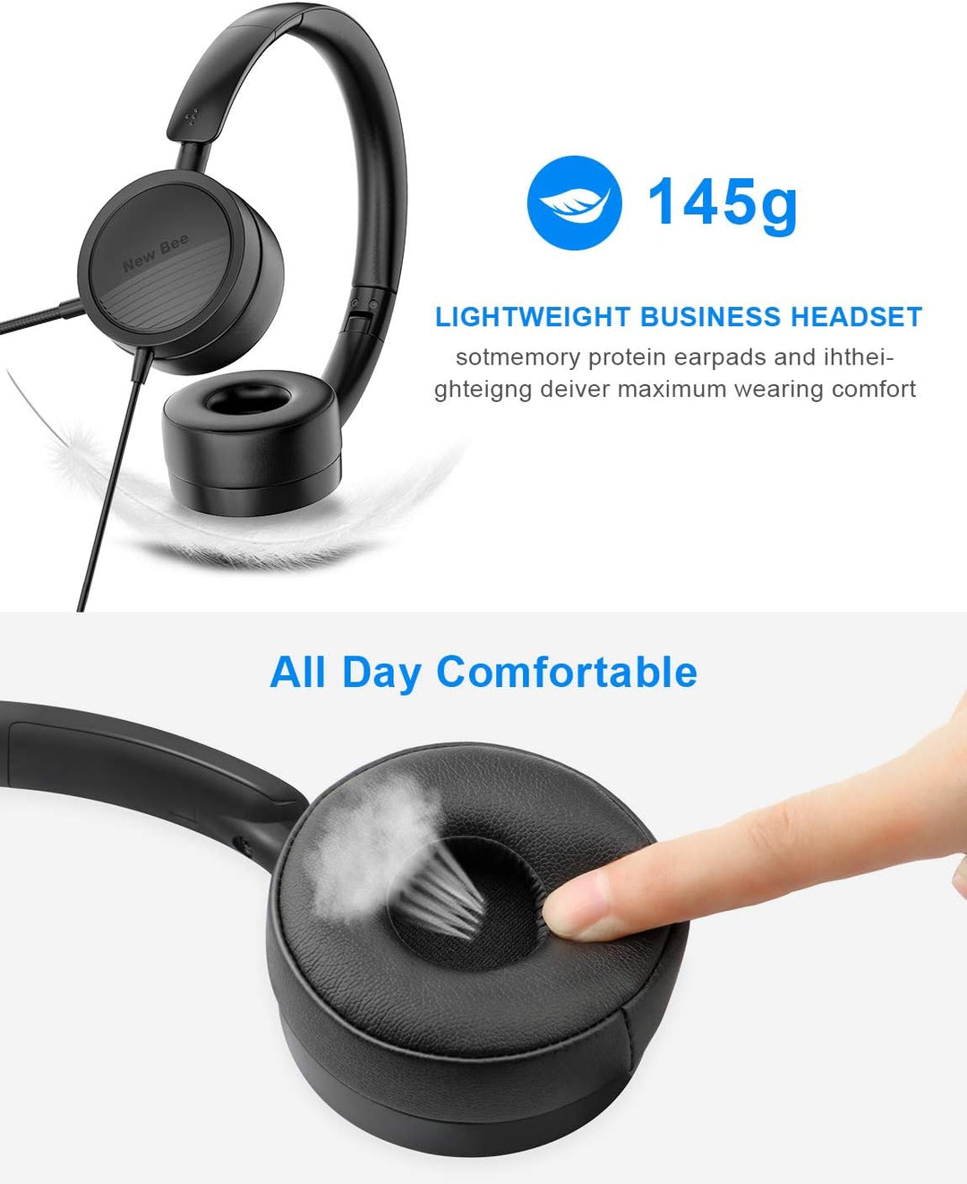 New Bee PC Headset mit Mikrofon USB/3,5mm Geräuschunterdrückendes Mikrofon Komfortabler, Leichter Bu