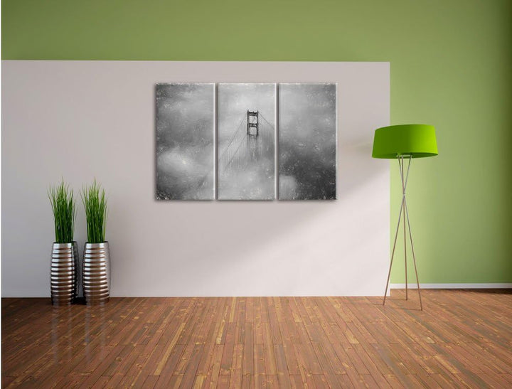 Pixxprint Golden Gate Bridge über den Wolken / 3-Teilig/Gesamtmass 120cm Leinwandbild bespannt auf H
