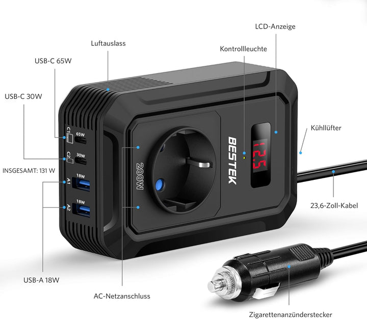 BESTEK 200 W Spannungswandler 12 V auf 240 V 230 V AC Auto-Wechselrichter, mit 3-pin Steckdosen, 2 1