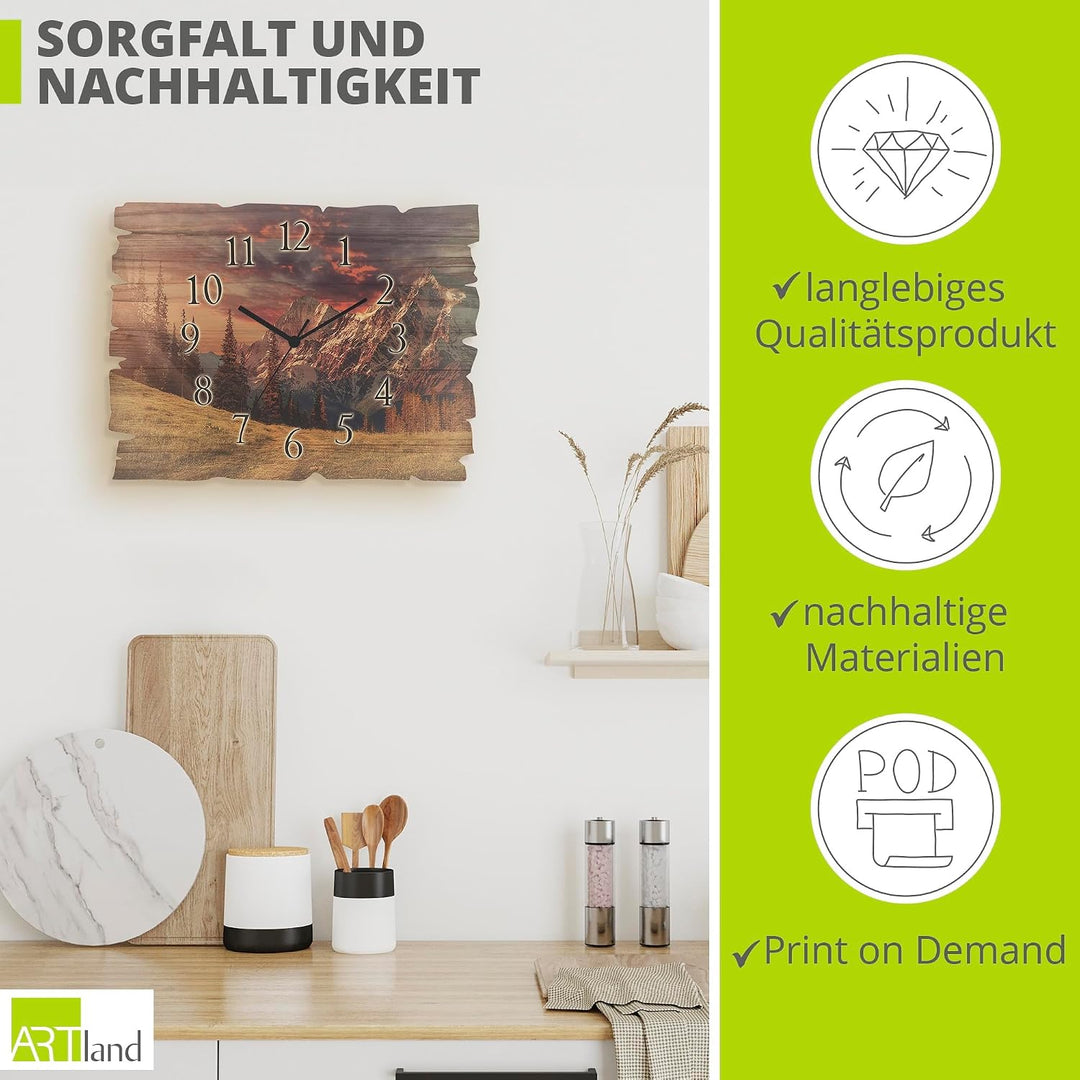 ARTLAND Wanddeko Wanduhr ohne Tickgeräusche aus Holz Quarz Uhr lautlos 40x30 cm Rechteckig Alpen Lan