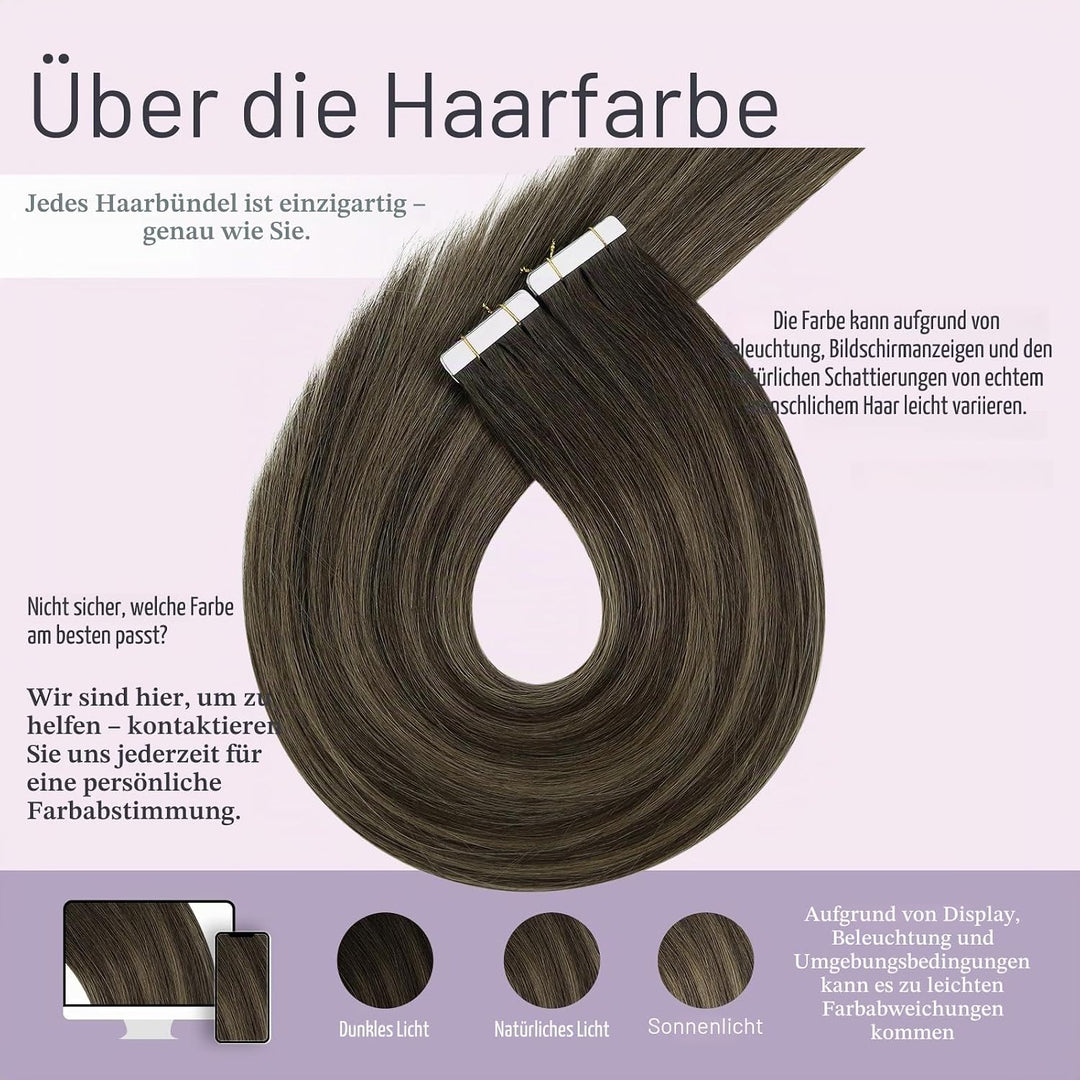 Fshine Echthaar Extensions Tape in Echthaar Balayage Dunkelbraun bis Kastanienbraun 30cm 20 Stücke 3