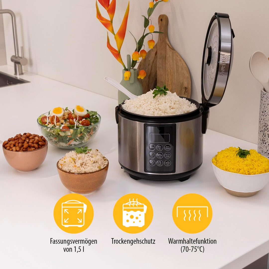 Tristar RK-6132 Digitaler Edelstahl Reis- und Multikocher, 1,5 Liter Kapazität, 500 Watt Leistung, W