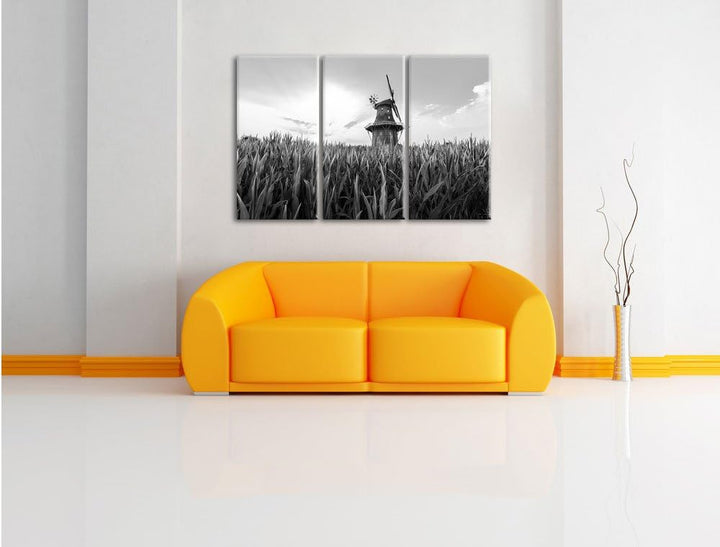 Pixxprint Windmühle auf dem Feld / 3-Teilig/Gesamtmass 120cm Leinwandbild bespannt auf Holzrahmen/Wa