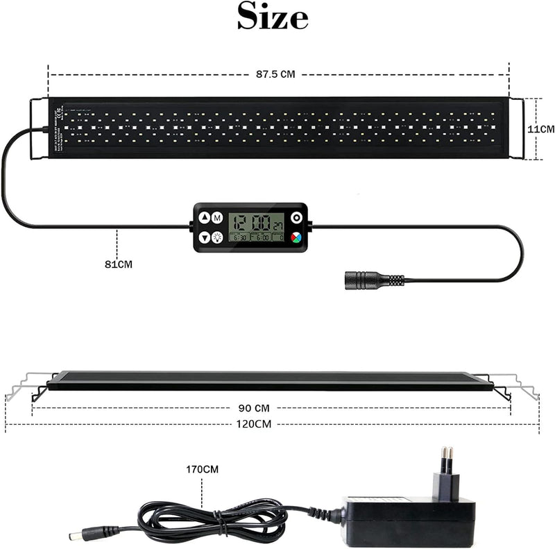 Aquarium LED Beleuchtung, 24/7 Modus Dimmbare 36W 2778 lumen Aquarienbeleuchtung mit Timer für 90cm