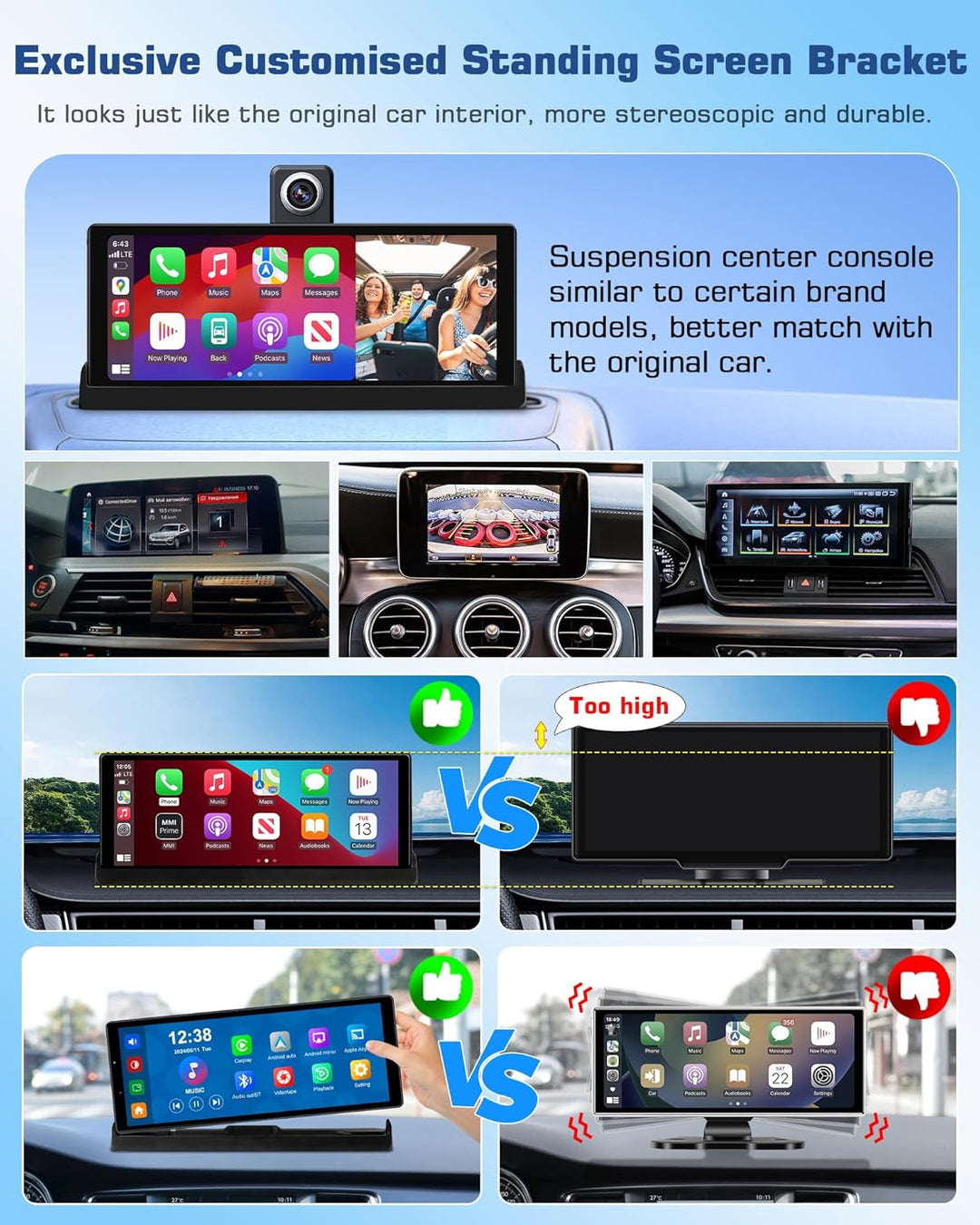 4K Carplay Display Android Auto Display mit Exklusive Halterung, 350° Drehbare Frontkamera 10,26 Zol