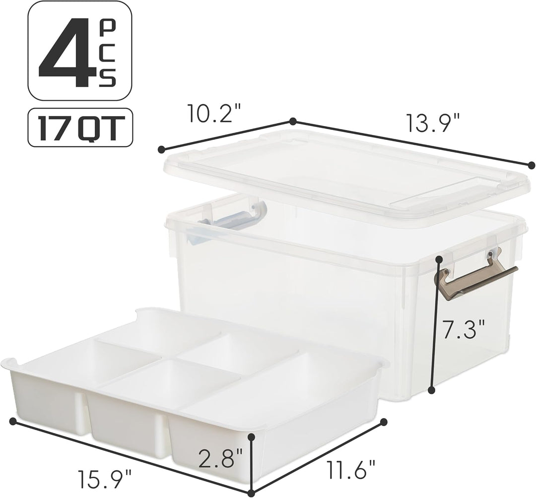 Citylife 4Pack Aufbewahrungsboxen mit Deckel, 16L aus Kunststoff mit abnehmbarem Tablett, Verstärkte