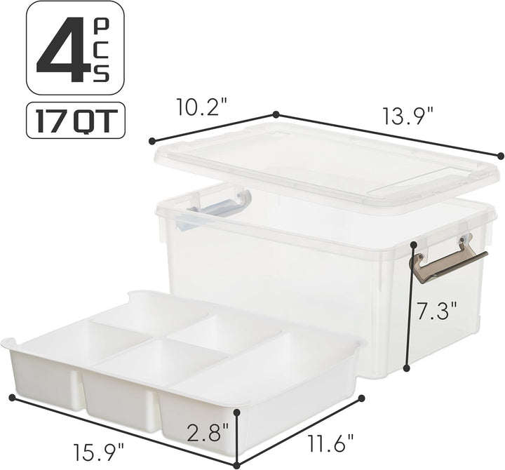 Citylife 4Pack Aufbewahrungsboxen mit Deckel, 16L aus Kunststoff mit abnehmbarem Tablett, Verstärkte